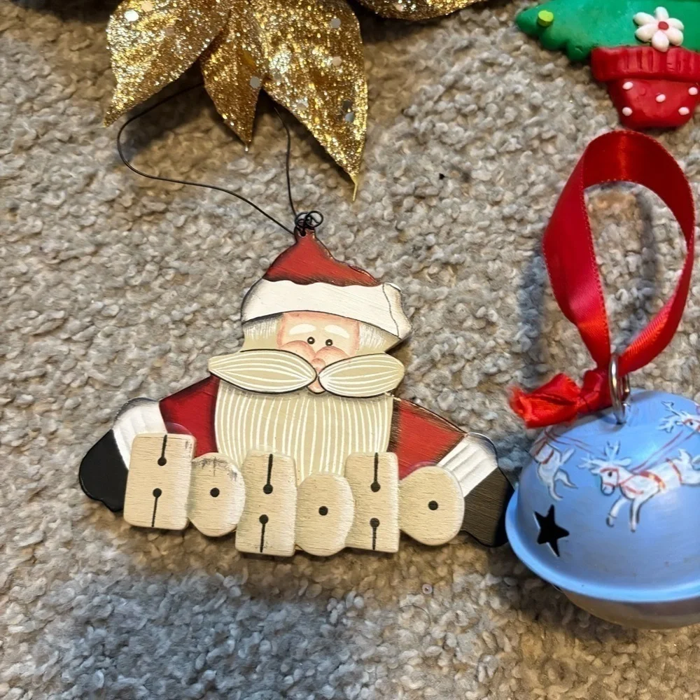 Christmas Ornament Bundle Gold Glitter Poinsettia Metal Jingle Ball Santa